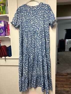Blue Polka Dot Tiered Midi Dress